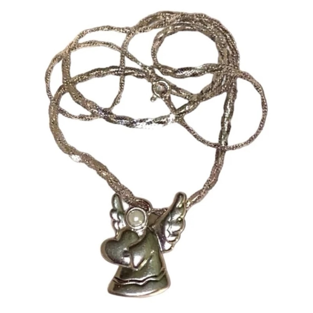 Vintage Sterling Silver Pearl Angel Pendant Braided Chain Necklace 20" - Picture 7 of 7